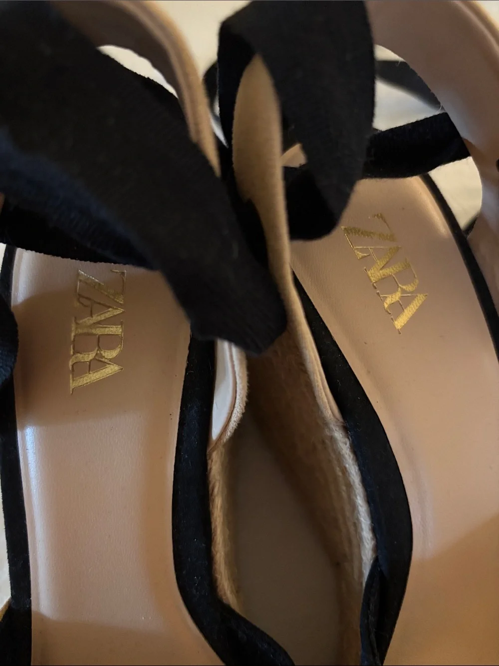 Zara Black and Beige Espadrille Wedge Sandals with Ankle Wrap